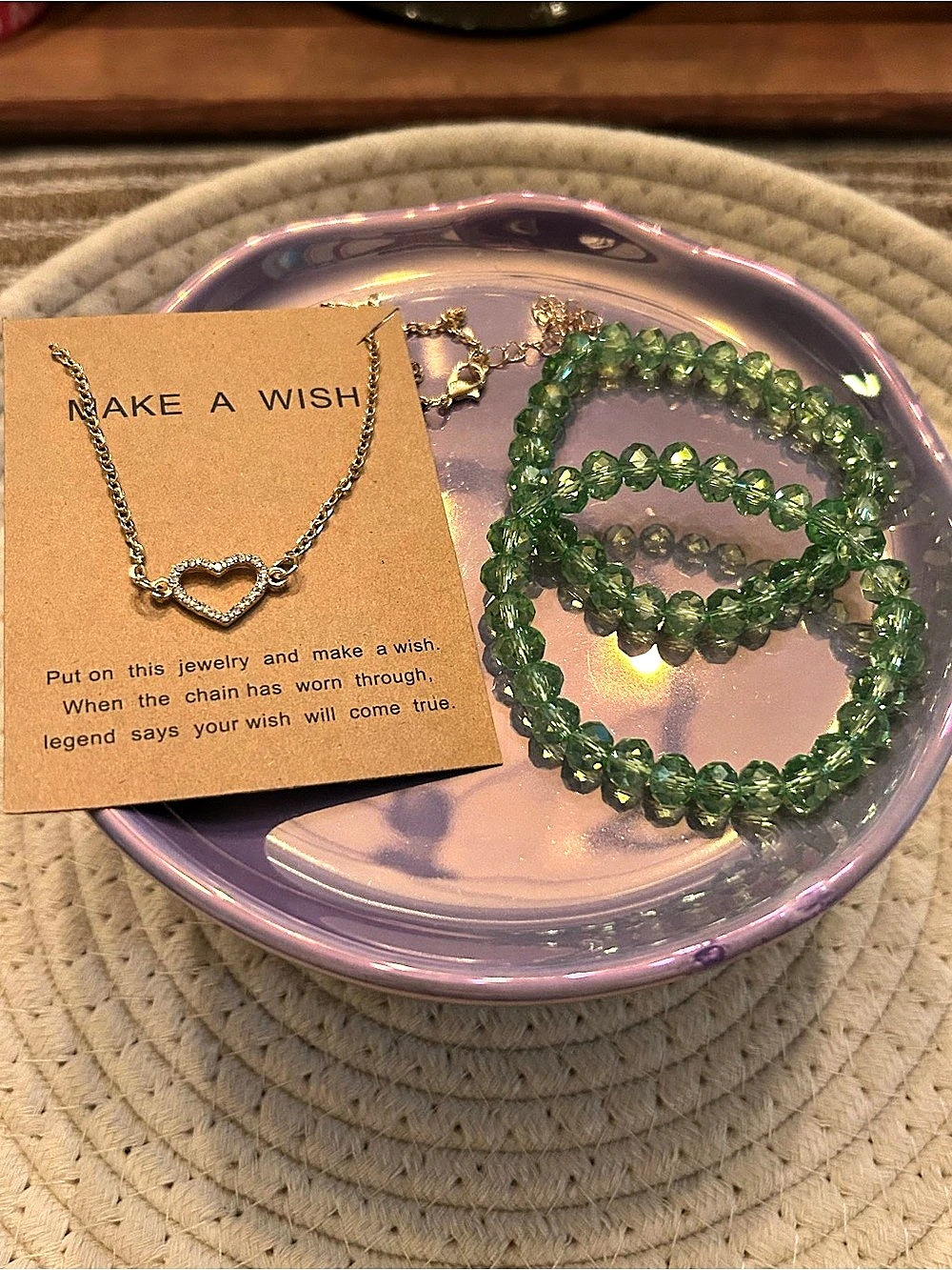 Green Beaded Bracelet & Heart Necklace NWT